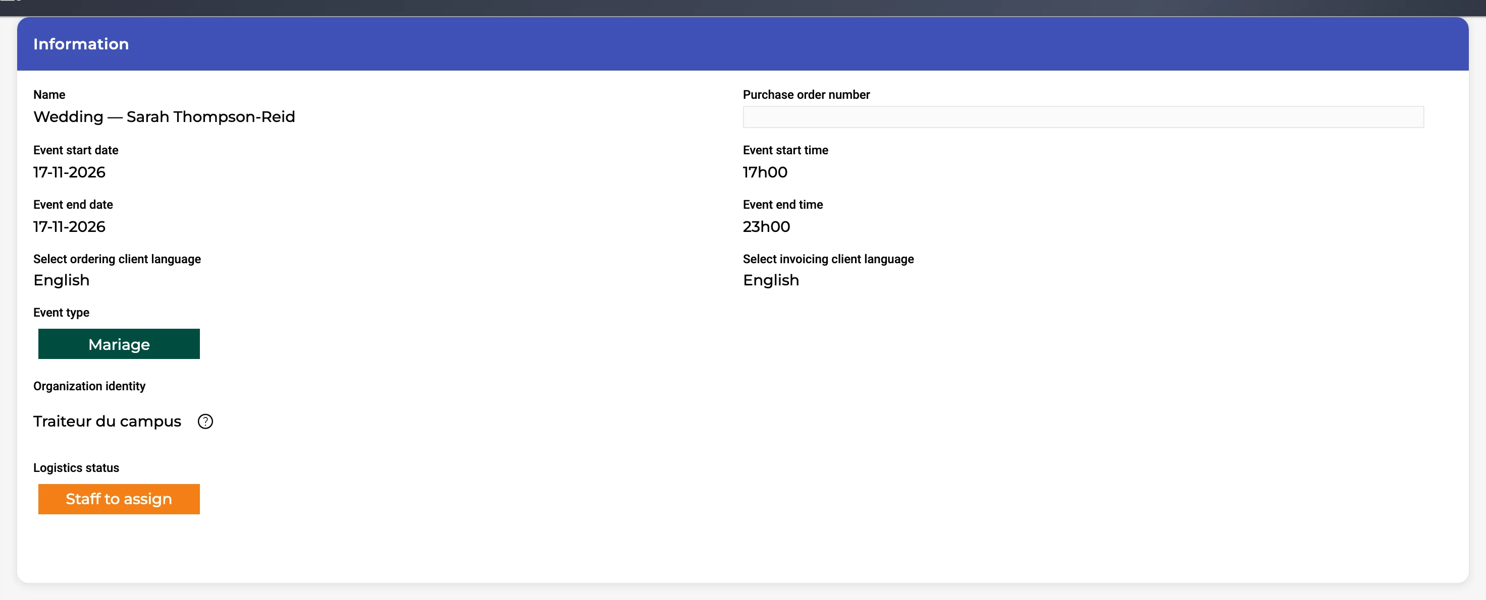 CM3 event record: dates, client language, event type and logistics status