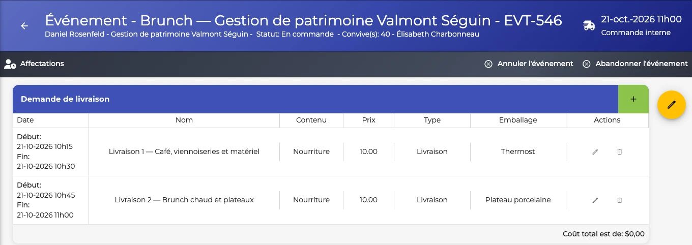 screenshot: event record, header and delivery requests